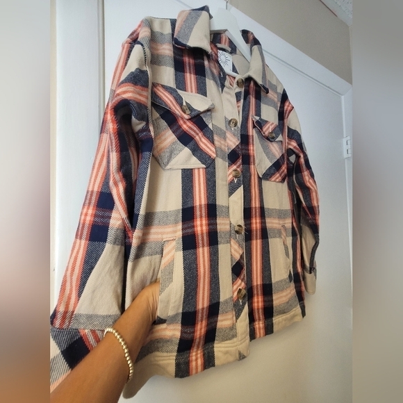 AERIE OFFLINE Flannel Button Down Jacket Shacket In Soft Oat Navy Orange Size XS - Picture 4 of 16